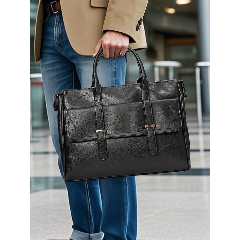 Men's Black Leather Tote Briefcase - Large Business Tote with Top Handle and Laptop Compartment, Professional Office Bag for Work and Meetings