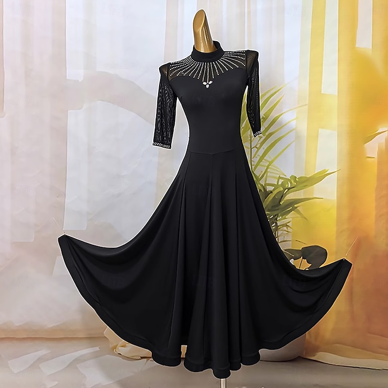 Ballroom Dance Dress Crystal / Rhinestone Splicing Women's Performance Training Half Sleeve Crystal Cotton Mesh