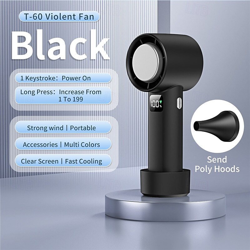 T-60 Handheld Turbo Fan – 199-Speed Adjustable Portable Cooling Fan with LED Display, Strong Wind, Brushless Motor, Ice-Cold Disk, Multi-Accessories, USB Rechargeable