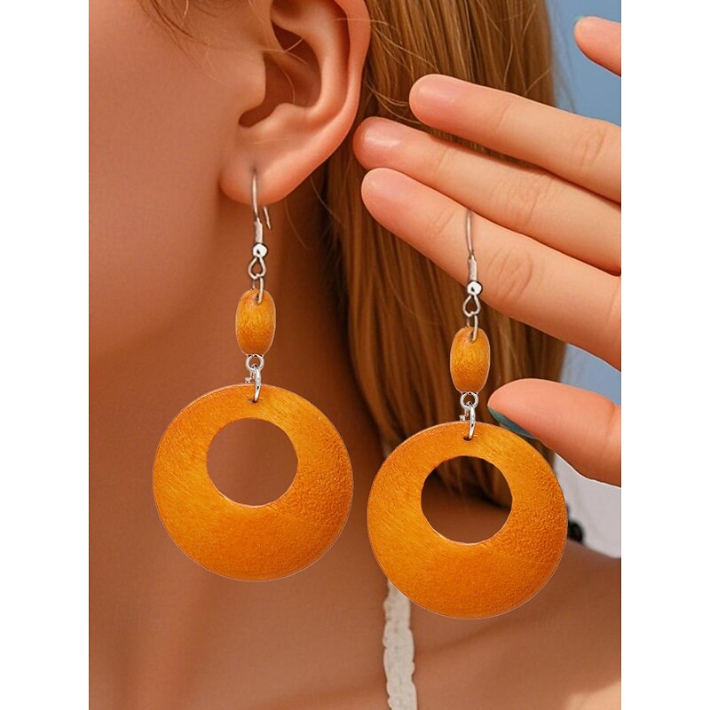 Women's Boho Wood Dangle Earrings - Various geometric shapes, lightweight natural wood statement jewelry, perfect for casual looks, beach vacations and summer festivals3