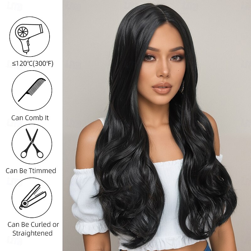 Synthetic Wig Wavy Loose Curl Layered Haircut Deep Parting Machine Made Wig 24 inch A1 Synthetic Hair Women's Classic Comfortable Highlighted / Balayage Hair Black3