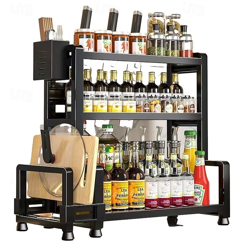 Metal Kitchen Storage Rack, Multi-Functional Spice and Knife Storage Organizer, Cutting Board, Utensil Organizer, Sturdy & Easy to Assemble, Ideal for Spices, Condiments, Utensil Racks Industrial Styl