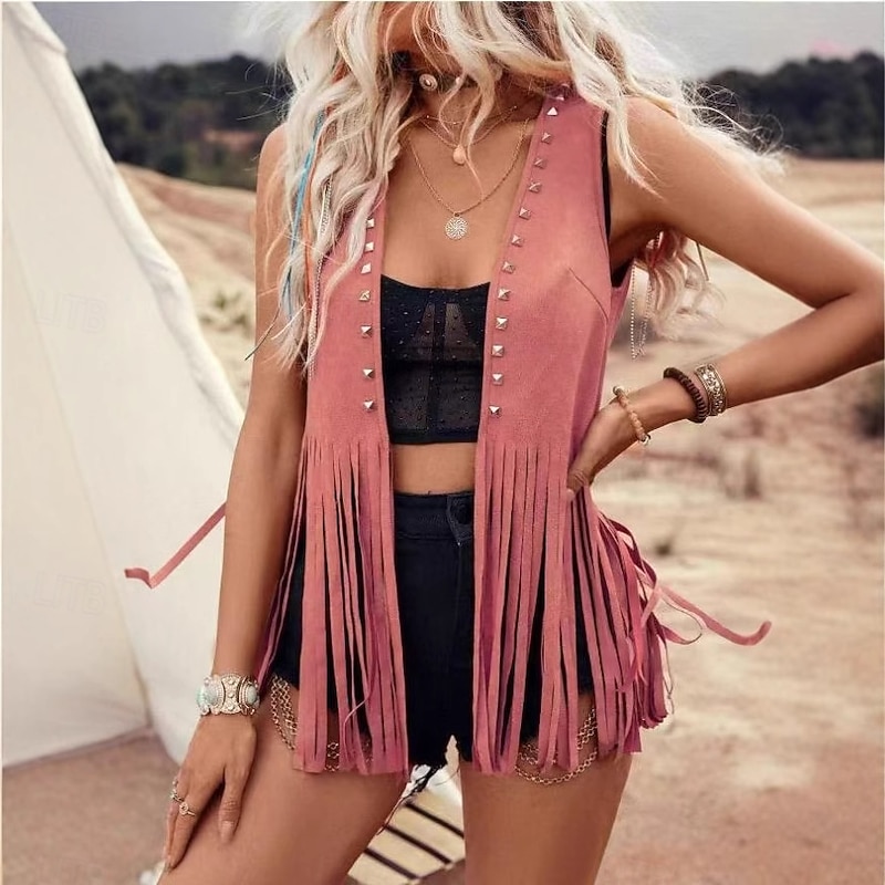 Retro Vintage Boho 1970s Suede Vest Hippie Fringe Fancy Dress Women's Carnival Casual Daily Pride Parade Pride Month Adults' Vest All Seasons2