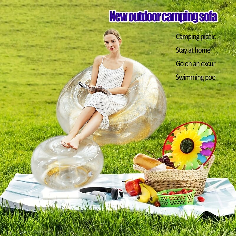 Inflatable Sofa With Sequins Lazy Sofa Inflatable Outdoor Sofa Bed With Footrest Combination Transparent Sofa Chair With Sequins Suitable For Camping Hiking3