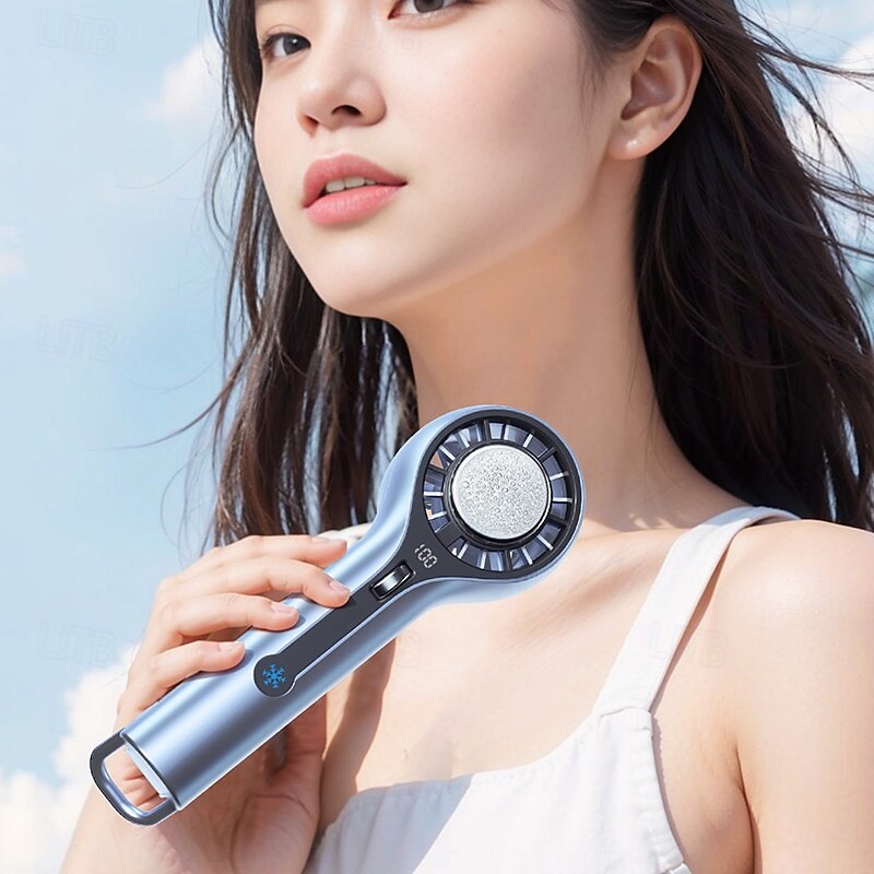 Portable Handheld Fan with Ice Ceramic Cooling, Turbo Breeze, 3000mAh Battery, Digital Display, Compact USB Rechargeable Fan with Pulley Control for Summer Outdoor Travel3