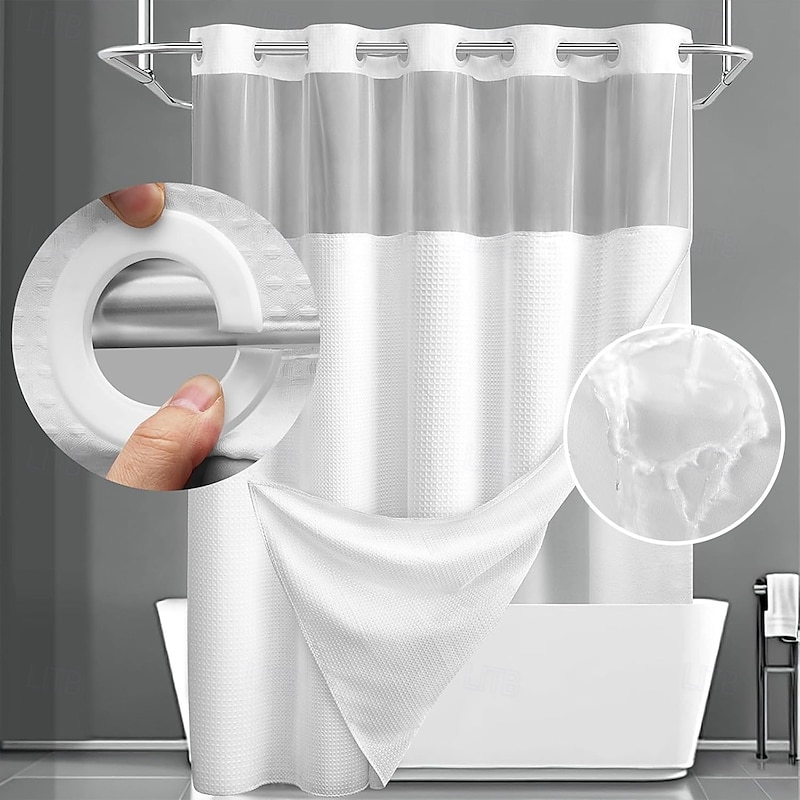 Waffle-Weave Textured Shower Curtain Set with Snap-in Liner and Sheer Window Water-Repellent Polyester Blend Fabric,Grommet Top,120GSM Hotel Quality Spa Style Bathroom Partition No Hooks Required