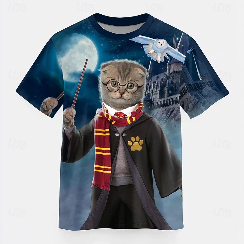 Hairy Pawter VINCENT HIE Men's Cat T Shirt Short Sleeve T shirt 3D Print Crew Neck Shirt Exaggerated Designer Party Street Casual Blue Summer Spring All Seasons Clothing Apparel S M L XL XXL XXXL 4XL