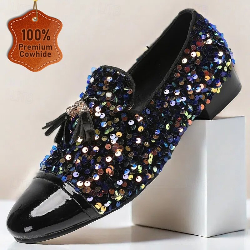 Men's Black Sequin Leather Loafers with Bow – Prom and Formal Party Slip-On Shoes for Nightclubs, Red Carpet Events and Gala Dinners
