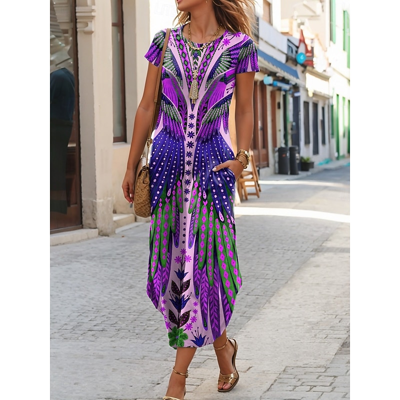 Women's Midi Dress T Shirt Dress Tee Dress Summer Dress Casual Boho Beach Daily Regular Fit Floral Graphic Tribal Short Sleeve Crew Neck Dark Yellow Red Blue Purple Summer2