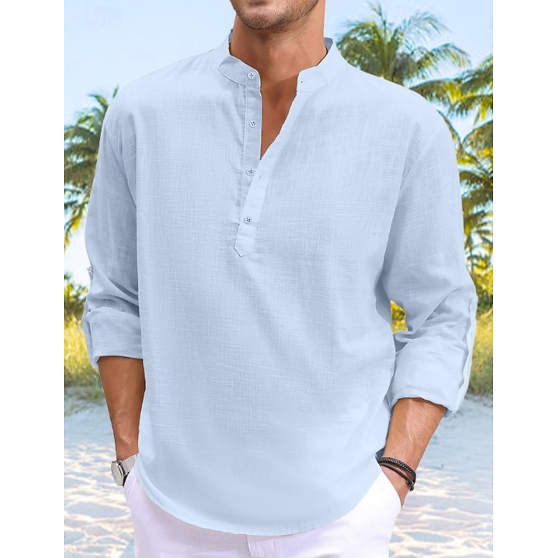 Men's Shirt Linen Shirt Band Collar Shirt Popover Shirt Summer Shirt Beach Wear Plain Vacation Curise Black White Blue Long Sleeve Band Collar Spring & Summer Clothing Apparel