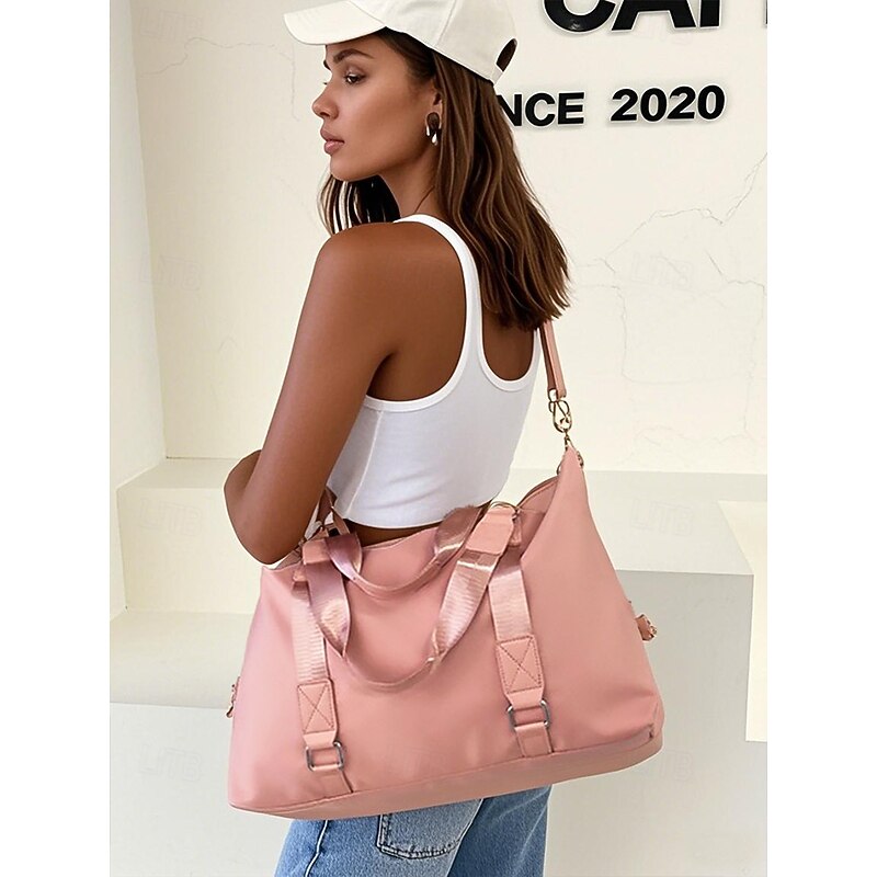 Women's Fashion Pink Nylon Duffel Bag - Multifunctional Shoulder Bag with Adjustable Strap for Travel, Fitness and Leisure Use3