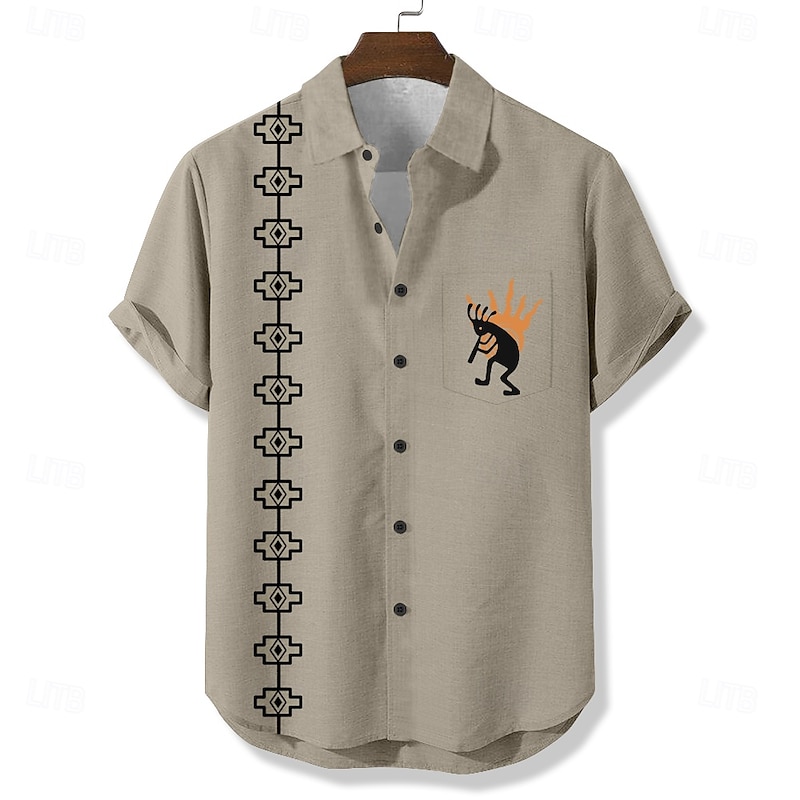 Men's Geometric Ethnic Kokopelli Shirt Casual Shirt Button Up Shirt Short Sleeve Vintage Retro Vacation Holiday Streetwear Summer Turndown 3D Print Front One Pocket Linen Like Shirt Green Khaki