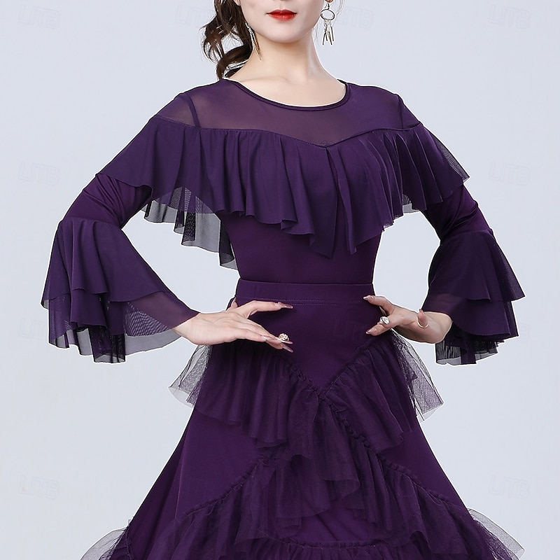 Latin Dance Top Ruffles Pure Color Splicing Women's Performance Training Long Sleeve High Polyester4