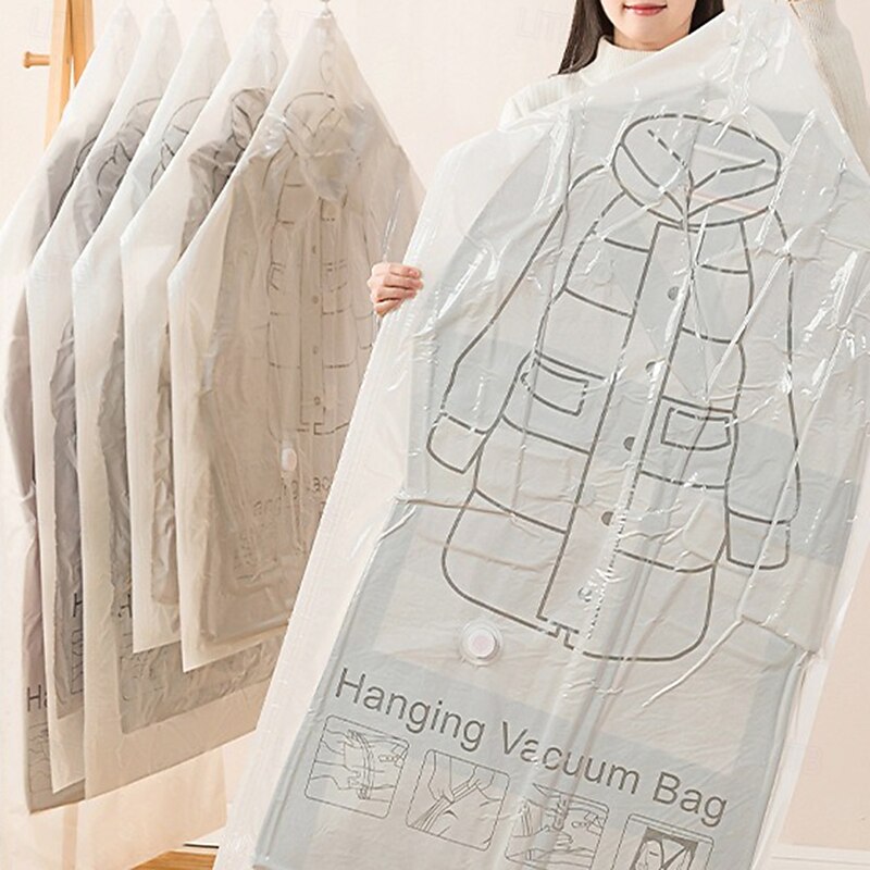 5 Pack Hanging Vacuum Storage Bags with Pump for Clothes, Space Saver Garment Compression Bags with Hooks, Dustproof Side Zipper for Coats, Jackets, Duvets, Hanging Closet Organizer2