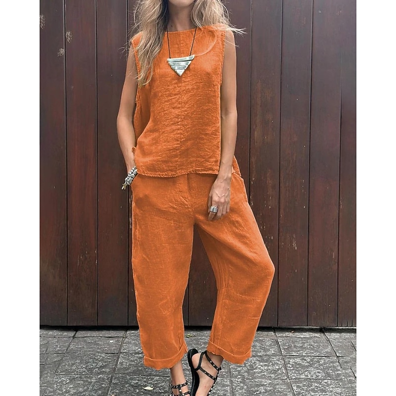 Women's Active Blouse Pants Sets Sleeveless Crew Neck Solid Color Holiday Weekend Black Yellow Blue Summer Regular Fit2