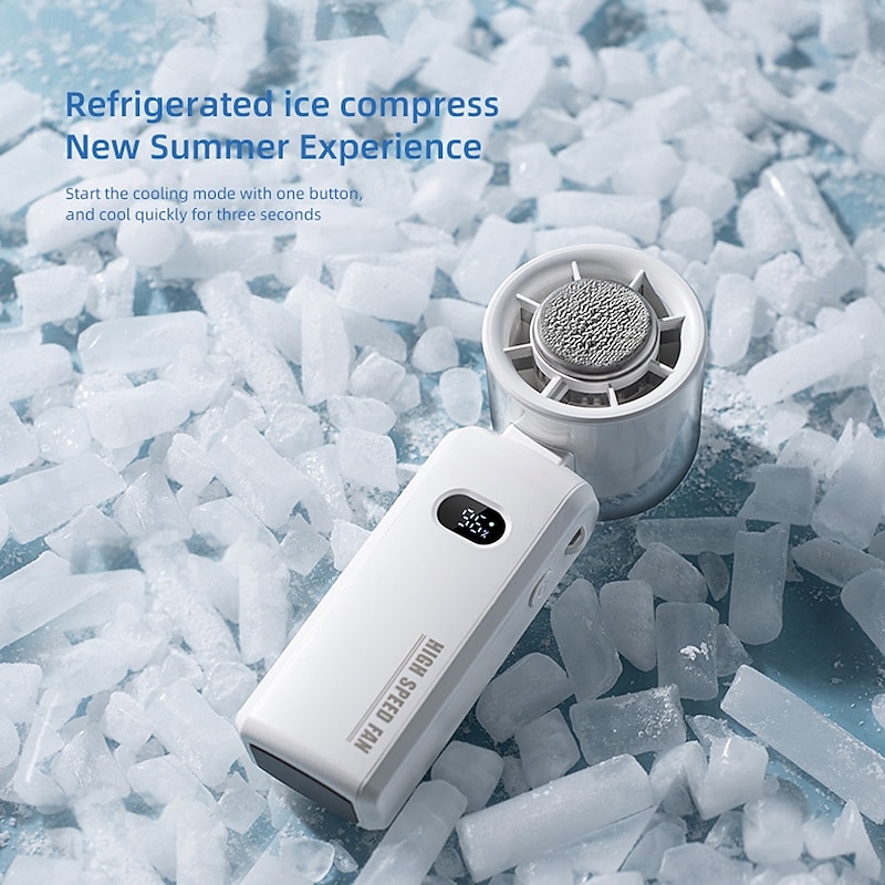 Folding Handheld Cooling Fan with Ceramic Refrigeration, 13000RPM Motor, 100-Speed Digital Display, Type-C Charging, White2