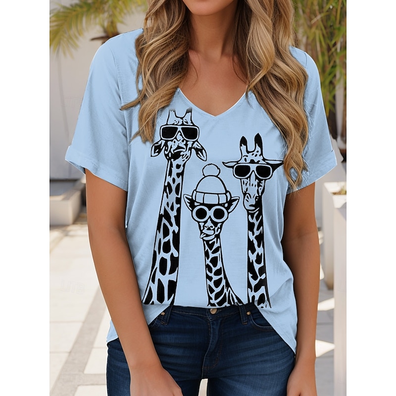 Women's T Shirt Graphic Animal Giraffe Elegant Vintage Casual Short Sleeve V Neck Regular Tops Daily Weekend Vacation Wear Print Black White Blue Purple Summer3