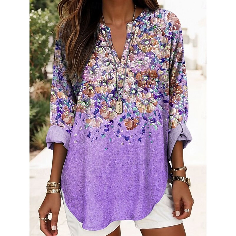 Women's Blouse Tunic V Neck Long Sleeve Boho Casual Floral Graphic Elegant Stylish Regular Tops Daily Print Blue Purple Green2