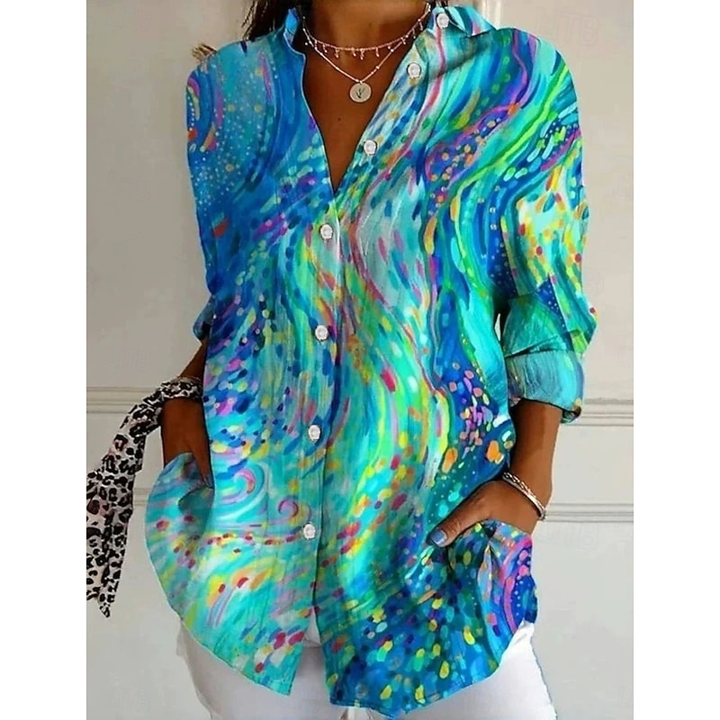 Women's Shirt Button Down Tunic Shirt Collar Long Sleeve Graphic Geometric Casual Regular Tops Work Daily s Print Blue Purple Fuchsia Green Spring Fall Winter4