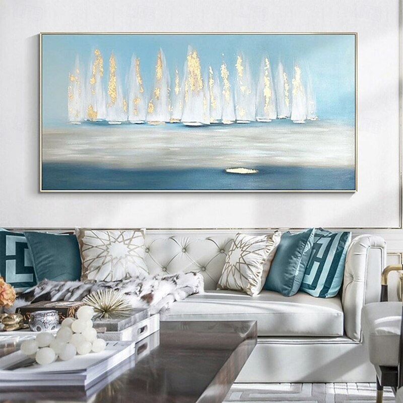 sailboat painting Boat oil paintings hand painted Natural home decor landscape  Oil Painting on Canvas Abstract Art Water sailboat painting sky blue Nature gold art paintings for Living Room Painting4