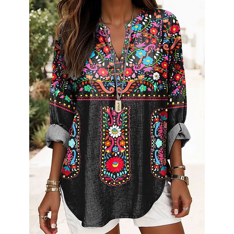 Women's Blouse Tunic V Neck Long Sleeve Boho Casual Floral Graphic Vintage Tropical Regular Tops Daily Vacation Wear Print Black Pink