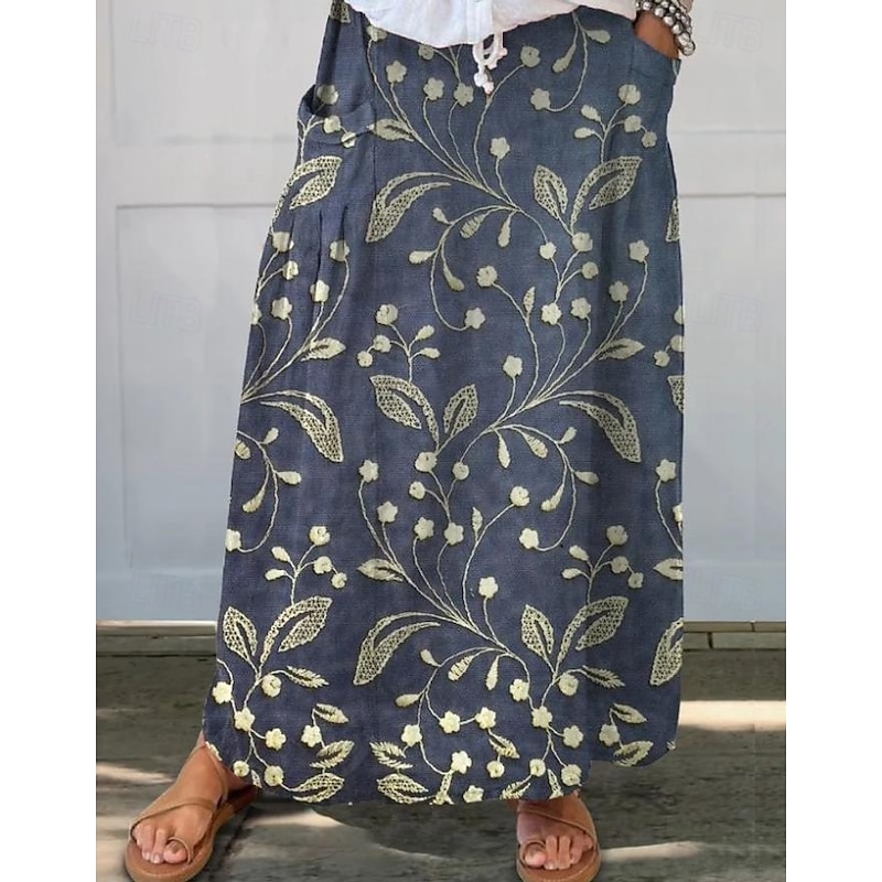 Women's Skirt Maxi Skirt Casual Maxi High Waist Skirts Floral Linen Micro-elastic Street Yellow Blue Green Pale Blue Summer Polyester Linen4