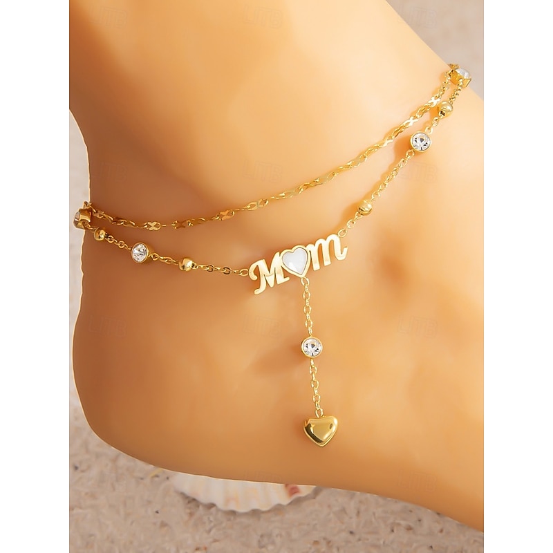 Women's Gold-Tone 'MOM' Heart Charm Anklet – Double-Layer Crystal Chain Design for Mothers, Elegant Beach Jewelry, Perfect Mother's Day Gift2