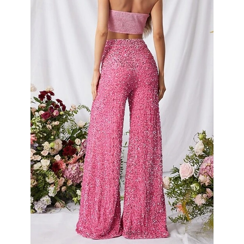 Women's Wide Leg Chinos Baggy Pants Fashion Streetwear Full Length High Waist Plain Sequins Comfy Soft Comfortable Micro-elastic Outdoor Party Street Black Pink Red Summer Spring Regular Fit4
