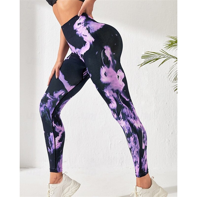 Women's Yoga Pants Yoga Leggings Elastic Waistband Butt Lift Tummy Control Pilates Gym Workout Workout Pants Tie Dye Purple Fall Sports Activewear Stretchy Slim