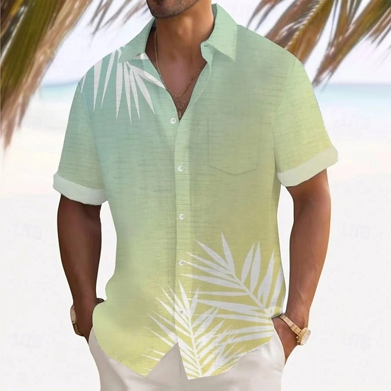 Men's Gradient Color Palm Leaf Tropical Plants Shirt Summer Hawaiian Shirt Button Up Shirt Short Sleeve Hawaiian Vacation Beach Wear Summer Turndown 3D Print Front One Pocket Linen Like Shirt Blue