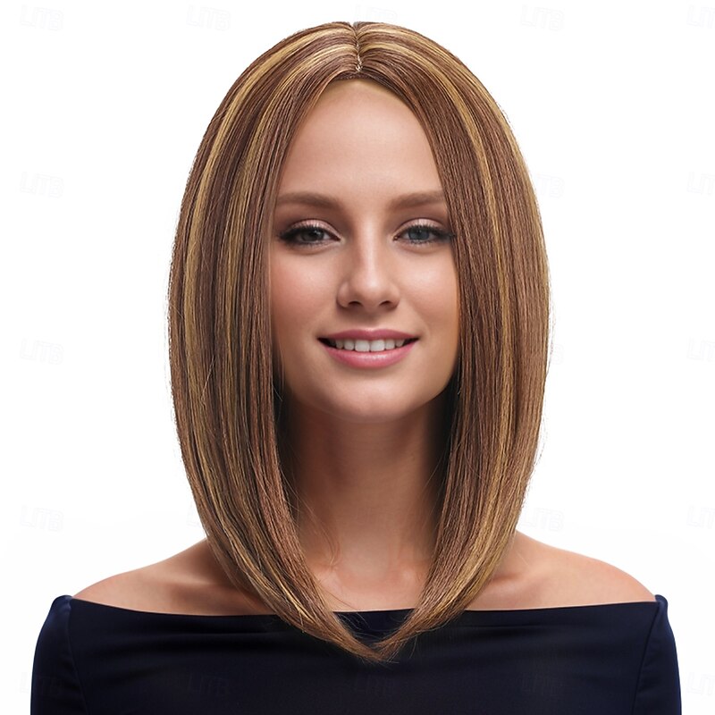 Synthetic Wig kinky Straight Natural Straight Middle Part Deep Parting Machine Made Wig 16 inch A1 Synthetic Hair Women's Classic Comfortable Color Gradient Blonde3