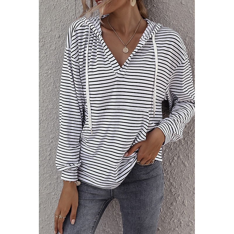 Women's Blouse Striped Casual Long Sleeve Hooded Regular Tops Daily Going out Pocket White Brown Summer