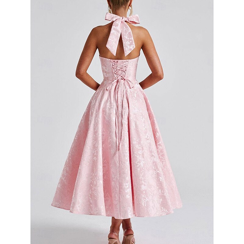 A-LineDress Jacquard Dress Semi Formal Cocktail Dress Wedding Midi Length Sleeveless Halter Neck Bow Backless with Lace Up Detail Wedding Guest Dress4