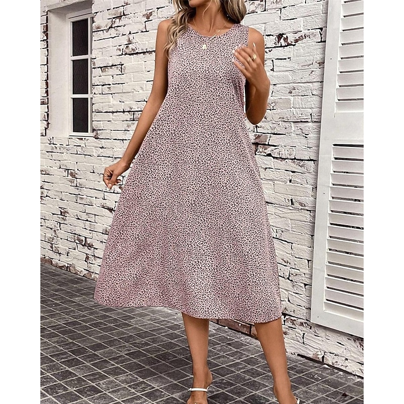 Women's Midi Dress Tank Dress Summer Dress Fashion Classic Modern Outdoor Vacation Holiday Regular Fit Leopard Sleeveless Crew Neck Pink Summer4