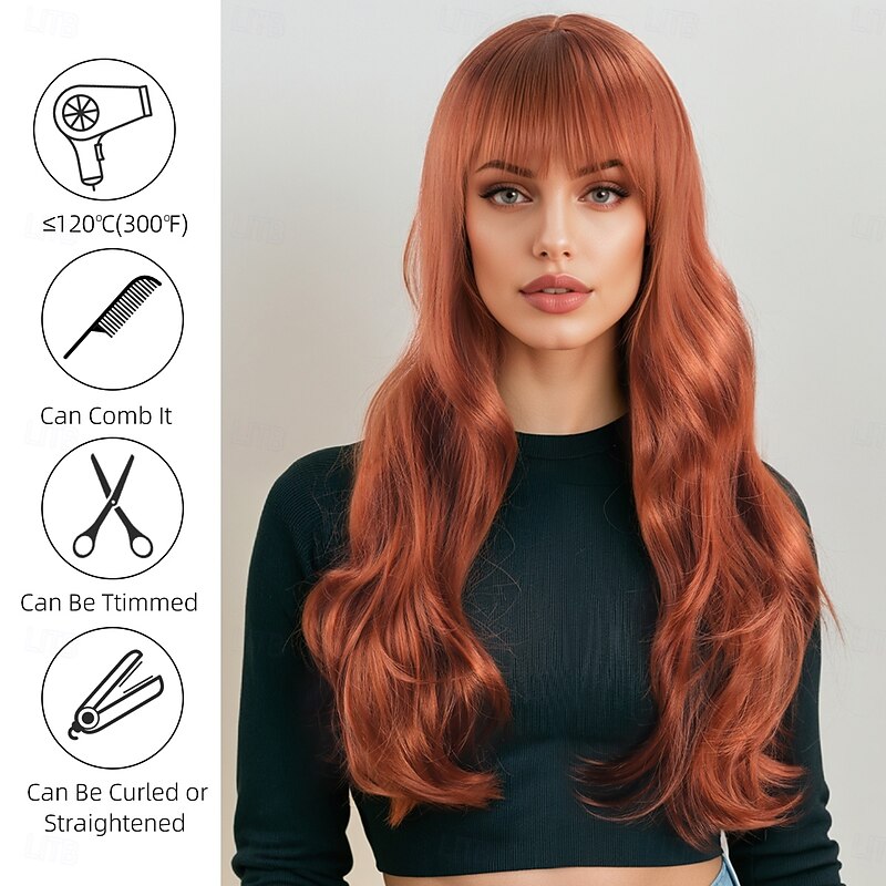 Synthetic Wig Wavy Deep Wave Layered Haircut Neat Bang Machine Made Wig 26 inch A1 Synthetic Hair Women's Classic Comfortable Highlighted / Balayage Hair Light Brown3