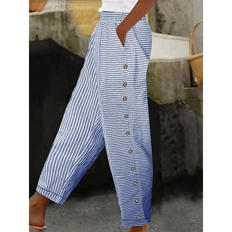 Women's Cotton Linen Pants Basic Casual Full Length High Waist Striped Pocket Elastic Waist Print Comfy Outdoor Comfortable Street Daily Wear Going out Black Pink Sky Blue Light Purple Summer Regular