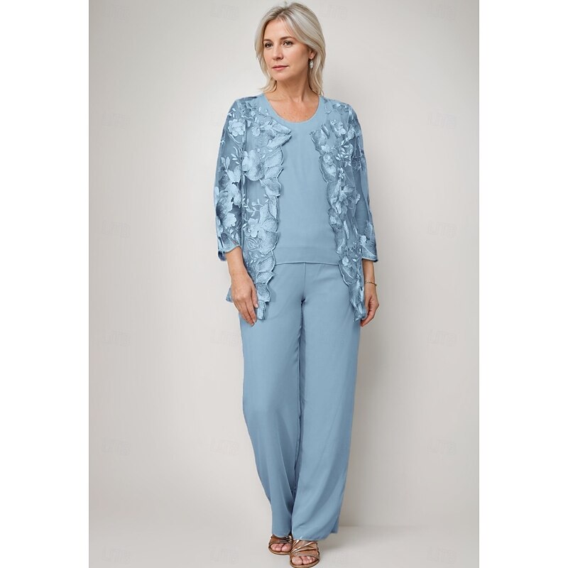 Pantsuit 3 Piece Mother of the Bride Dress Elegant Crew Neck Floor Length Chiffon Long Sleeve Wrap Included with Lace Embroidery