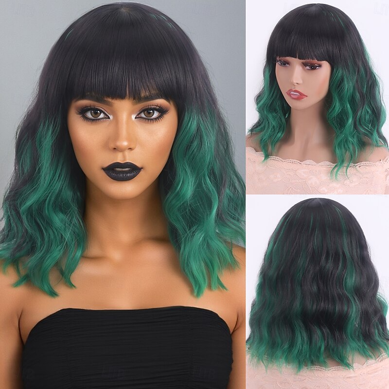 Synthetic Wig Deep Wave Curly Weave Asymmetrical Neat Bang Machine Made Wig 12 inch A1 Synthetic Hair Women's Elastic Classic Color Gradient Green