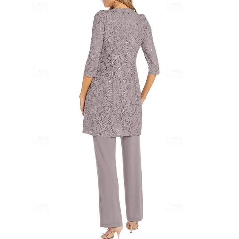 Glitter Lace Pantsuit 3 Piece Mother of the Bride Pantsuit Simple Minimalist Sparkle & Shine Crew Neck Ankle Length Lace Sleeveless Half Sleeve with Pearls Beading4