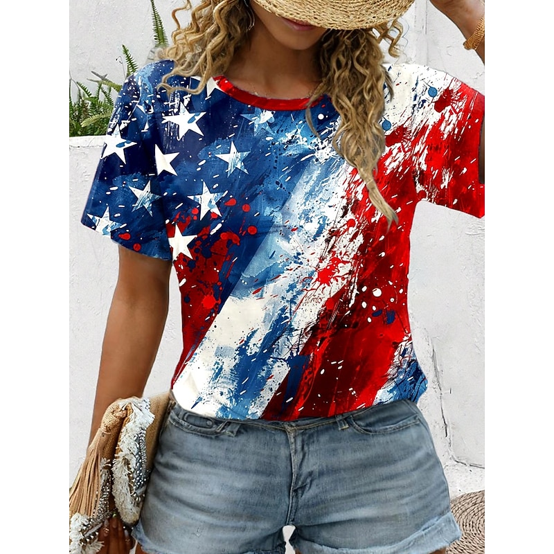 Women's Patriotic  T Shirt Graphic Flag Flag Vintage Stylish Classic Red White And Blue Short Sleeve Crew Neck Round Neck Regular Tops Daily Print Red / Blue