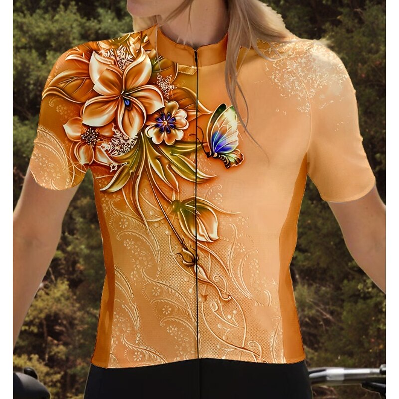 Women's Cycling Jersey Graphic Floral Botanical Short Sleeve Bike Jersey Top with 3 Rear Pockets Quick Dry Reflective Strips Back Pocket Moisture Wicking Sports Orange Clothing Apparel3