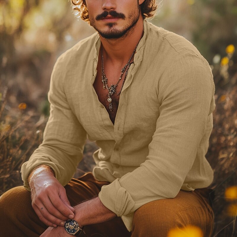 Men's Shirt Band Collar Shirt Summer Shirt Beach Wear Casual Shirt Button Up Shirt Plain Vacation Holiday White Sky Blue Green Khaki Long Sleeve Collar Clothing Apparel