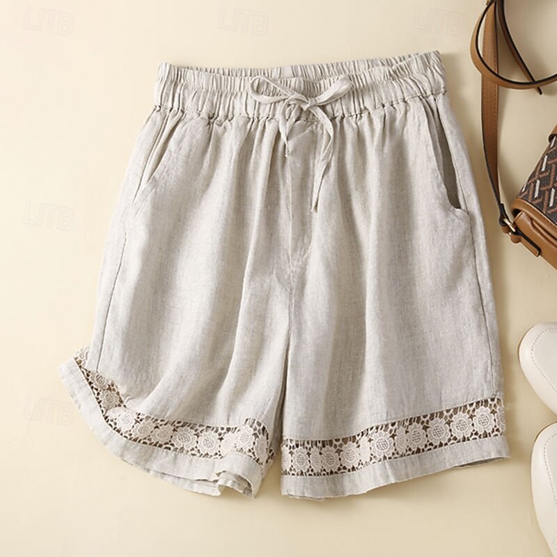 Women's Cotton Linen Shorts Shorts Slacks Casual Short Natural Plain Pocket Elastic Drawstring Design Comfy Comfortable Outdoor Going out Black Ginger Green almond Summer Regular Fit
