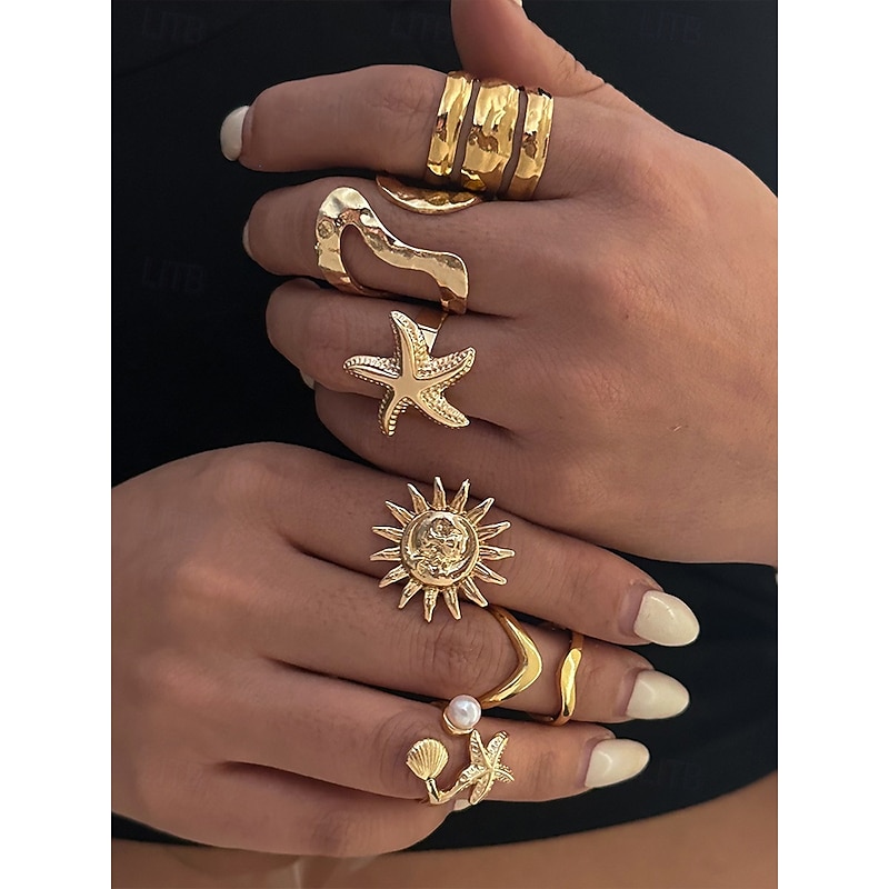 Women's Gold Silver Ocean Style Ring Set - Set of Multi-Piece Bohemian Adjustable Rings with Starfish, Sun, Shell and Pearl Decorations, Perfect for Beach Vacations and Summer Looks