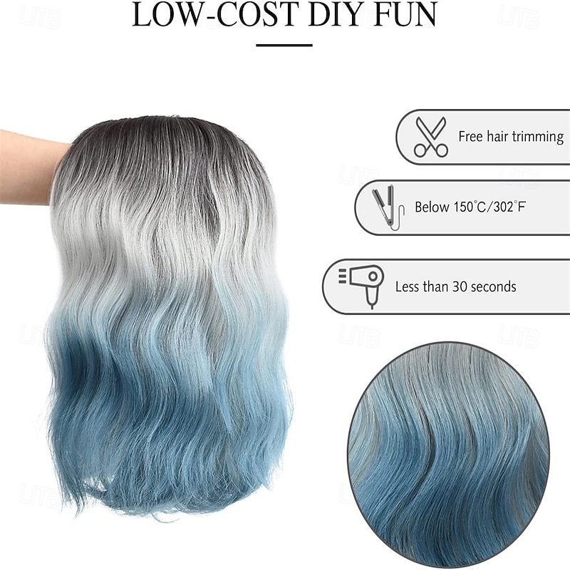 Wavy Bob Wig with Bangs Natural Ombre Silver Blue Wig Synthetic Hair Shoulder Length Short Curly Ombre Wigs for Women2