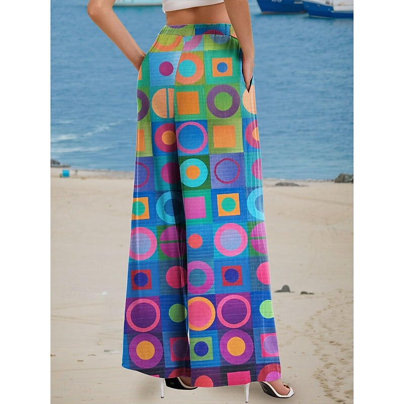 Women's Wide Leg Chinos Baggy Pants Vacation Vintage Fashion Full Length High Waist Floral Graphic Abstract Printing Soft Breathable Micro-elastic Formal Outdoor Vacation Blue Orange Summer Spring2