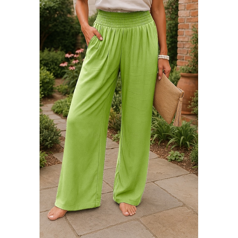 Women's Wide Leg Cotton Linen Pants Chinos Fashion Streetwear Comfort Full Length High Waist Plain Pocket Elastic Waistband Comfy Outdoor Comfortable Street Daily Wear Going out Apple Green Black2