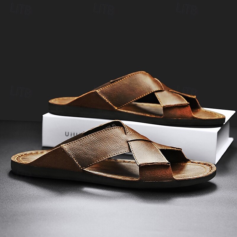 Men's Brown Faux Leather Cross-Strap Sandals – Comfortable Slip-On Sandals with High-Quality Leather Construction and Adjustable Fit, Ideal for Relaxed Summer Style and Outdoor Adventures2