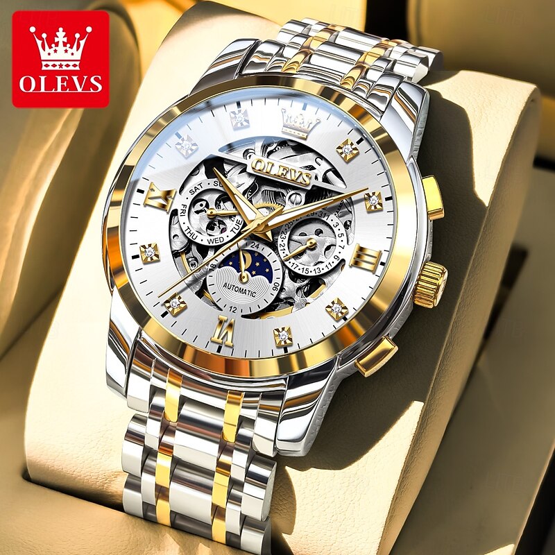 OLEVS Men's Mechanical Watch, Luxury Large Dial, Hollow Skeleton, Automatic Self-Winding, Moon Phase Luminous Steel Wristwatch2