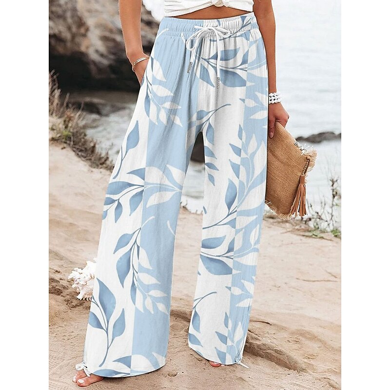 Women's Wide Leg Chinos Baggy Pants Vacation Fashion Basic Full Length High Waist Floral Graphic Printing Soft Breathable Micro-elastic Vacation Street Causal White Navy Blue Blue Summer Spring3